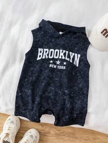 SHEIN 男女宝宝通用款黑色扎染无袖连帽连体衣，男宝宝套装，婴儿连体衣 - 黑色 - 查看 5