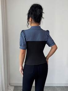 Elenzga Women's Solid Color Striped Patchwork Short Sleeve Shirt - Black - View 2