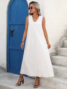 Silhoulove Women's Solid Color Casual Loose Sleeveless Dress, Suitable For Vacation - White - View 6