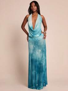 SHEIN BAE Đầm ôm sát màu xanh dương trơn, hở lưng, dây mảnh, kiểu dáng thanh lịch cho kỳ nghỉ biển, đầm dài hở lưng, thích hợp cho mùa xuân/hè, phong cách bohemian, đầm ôm sát. - Màu xanh lam - Xem 6