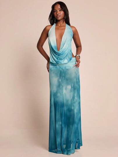 SHEIN BAE 纯蓝色露背吊带修身连衣裙，优雅沙滩度假连衣裙，露背长裙，春夏款，波西米亚风，修身连衣裙