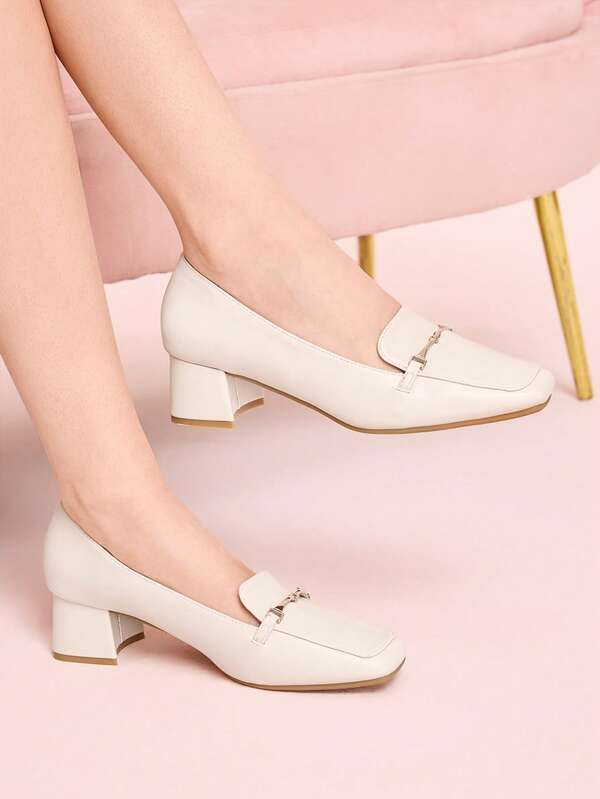 CUCCOO DOLLMOD French Shoes Women's Spring And Autumn Low Vamp Square Toe Middle Heel Thick Heel Soft Leather Metal Buckle Loafers Spring Shoes