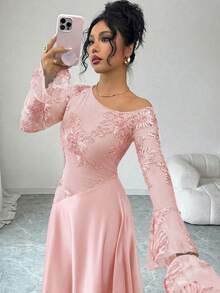 Modelyn 女士秋季棕色性感不对称肩部网纱刺绣长袖高腰A字连衣裙 - 粉色 - 查看 5