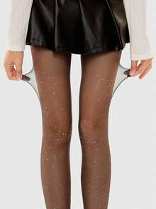 ROMWE Grunge Punk 1 Piece Of Minimalist Style Pantyhose, Star Sequined Leggings, Pure Desire Ultra-Thin Elastic Meat-Permeable Stockings, Y2K Tights For Women - Black - View 3