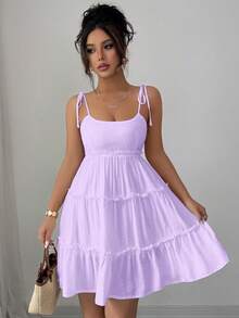 Elenzga Đầm hai dây viền bèo chấm bi Thụy Sĩ, trang phục đi biển cho nữ. - Màu tím hoa cà - Xem 6