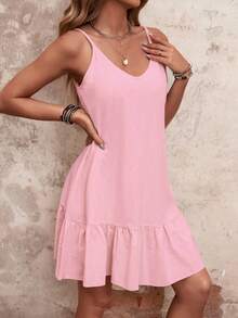 SHEIN VCAY Summer Casual Solid Color Ruffle Strap Dress - Baby Pink - View 4