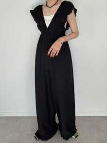 FRIFUL Women's Summer Solid Color Pleated Ruffle Tie Waist Slim Fit Jumpsuit, Versatile Jumpsuit For Women Lounge Sets For Women - Black - View 2