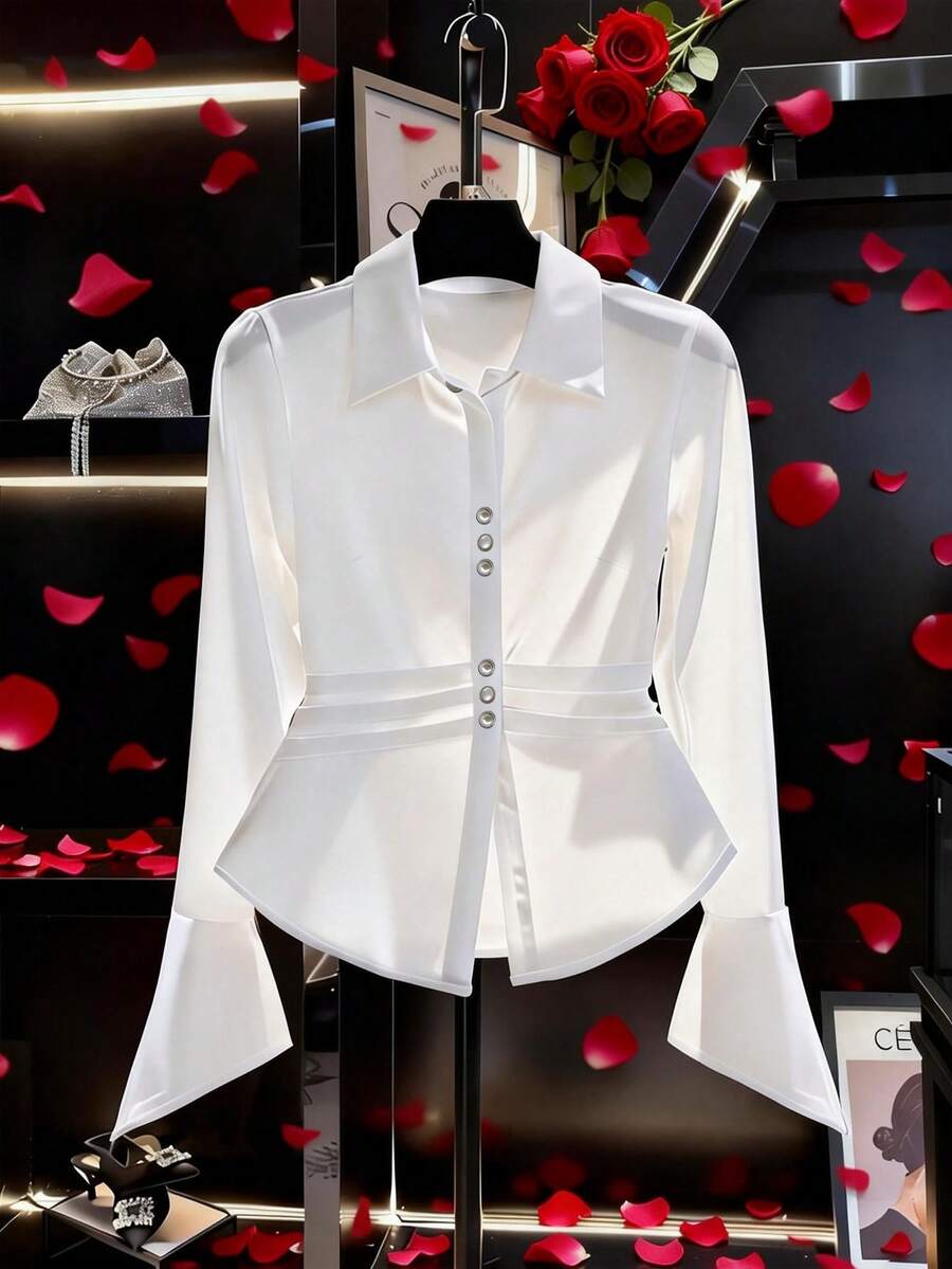 GlowEve CURVE Áo sơ mi dài tay thanh lịch tay bất đối xứng cỡ lớn - trắng - Xem 1