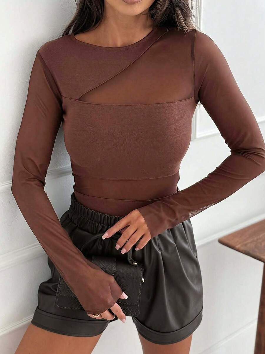 EMERY ROSE Áo thun nữ cổ tròn, phối lưới, tay raglan, ôm dáng, màu trơn - Cà phê nâu - Xem 1