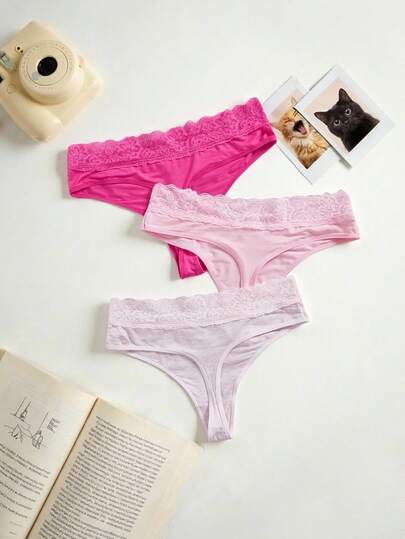 Lowkey Lull Set de 3 tangas sexy con diseño de encaje, cómodos para tallas grandes