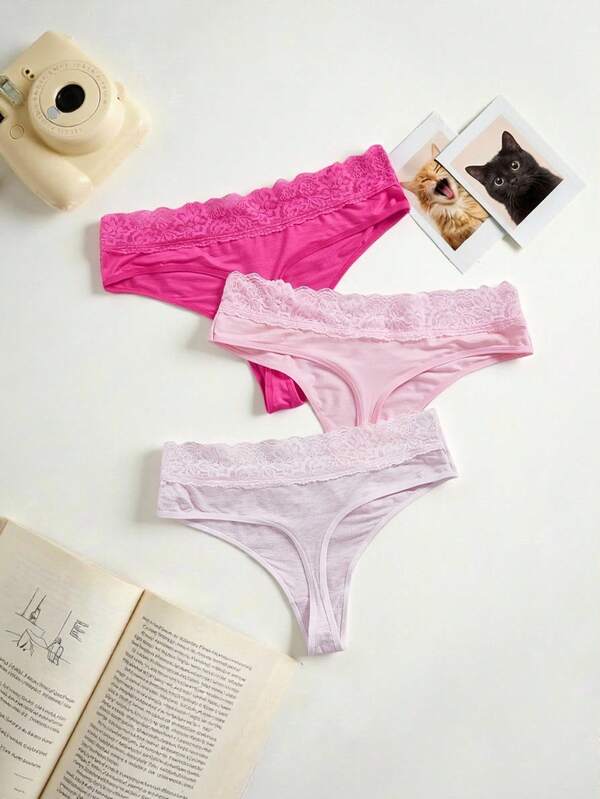 Lowkey Lull Set de 3 tangas sexy con diseño de encaje, cómodos para tallas grandes