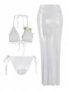 Swim Oasis 3pcs/Set Summer New High-End Shiny Fabric Sequin Embroidery Floral Triangle Bikini Push-Up Swimwear For Women - White - View 2
