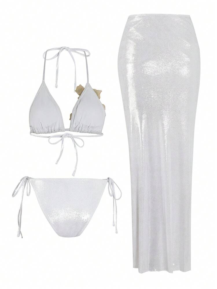 Swim Oasis 3pcs/Set Summer New High-End Shiny Fabric Sequin Embroidery Floral Triangle Bikini Push-Up Swimwear For Women - White - View 2