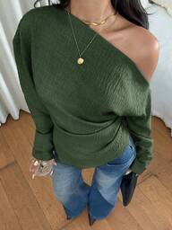 Siren Gaze Women's Casual Solid Color Textured Oblique Shoulder Long Sleeve Top, Autumn