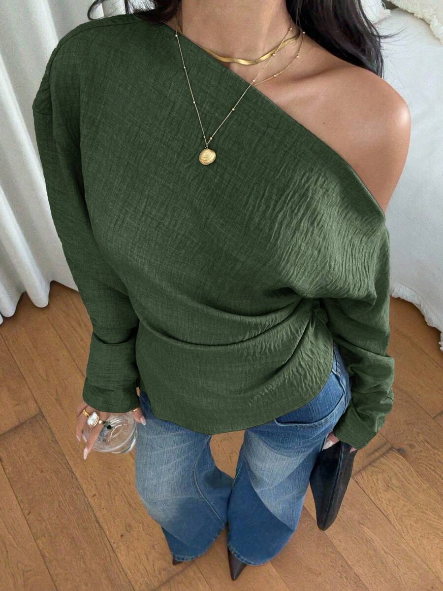 Siren Gaze Women's Casual Solid Color Textured Oblique Shoulder Long Sleeve Top, Autumn - Army Green - View 1