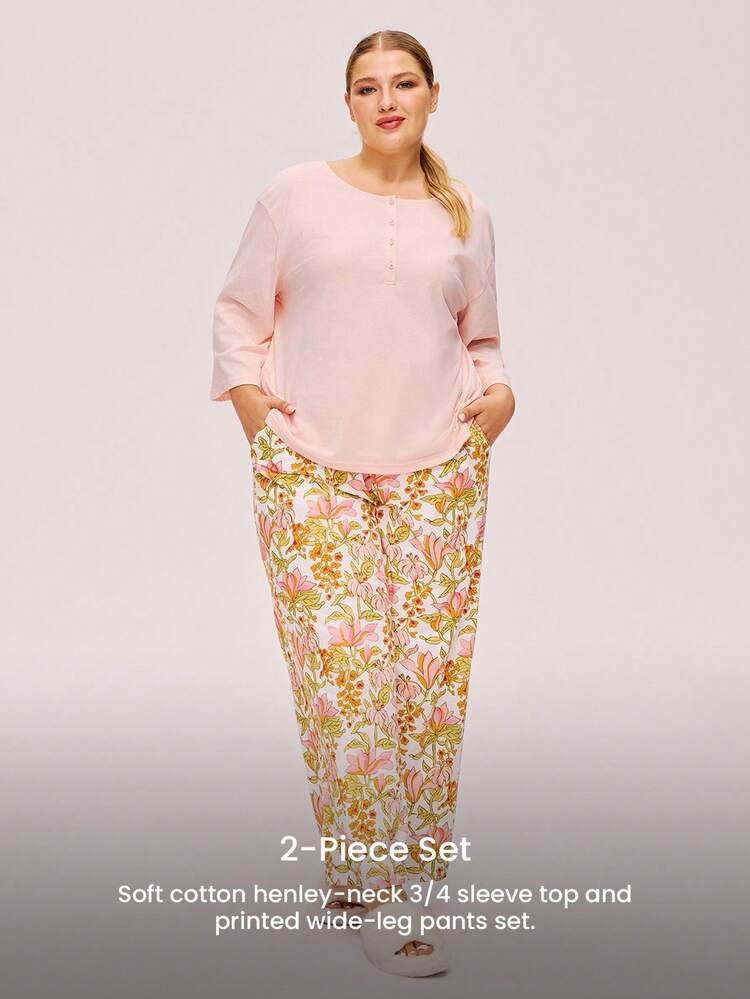 Conjunto de pijama de 2 piezas de algodón suave para mujer de talla grande con pantalón estampado floral y camisa de manga larga básica, con bolsillos, lencería, pijama de algodón