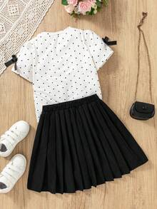 SHEIN Girls Elegant All-Match Versatile Crew Neck Short Sleeve Knit T-Shirt + Woven Pleated Skirt 2-Piece Set - Black - View 4
