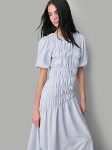 Nöista This Light Blue Striped Dress, Puff Sleeves, A Ruched Bodice With Smocking Details, And A Flowing Asymmetrical Shape. Women, Spring, Summer Outfit. - Blue - View 4