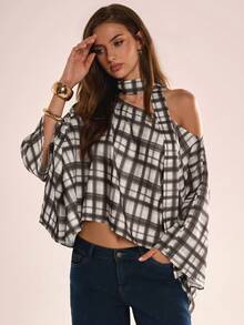Avenya Loose Fashion Plaid Oblique Shoulder Scarf Design Flowy Blouse - Multicolor - View 4