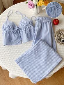 SHEIN PETITE CURVE Bộ đồ nữ cỡ lớn đi nghỉ mát gồm áo hai dây kẻ sọc buộc dây phía trước và quần ống rộng, set 2 mảnh thường ngày, bộ đồ mùa hè nữ, set đồ cotton 2 mảnh họa tiết kẻ caro. - Xanh và trắng - Xem 6