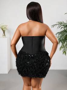 SHEIN PETITE CURVE 大码女式纯色仿毛皮拼接紧身性感时尚连衣裙 - 黑色 - 查看 2