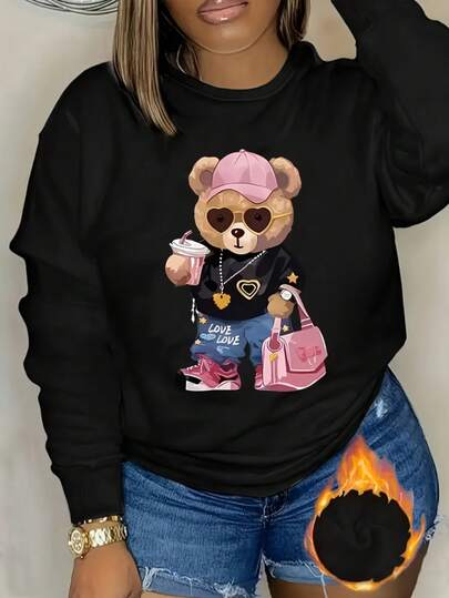 Mujer004 Sudadera de cuello redondo para mujer invierno sudadera de manga larga cómoda suave Camisa con dibujo de oso ico de moda, elegante y atractiva, perfecta para cualquier ocasión, con detalle de quema para mostrar su calidad