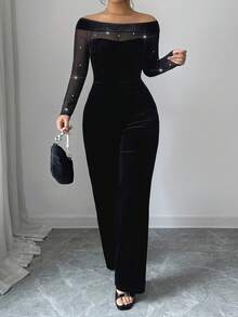 Elenzga Mono de noche de moda para mujer talla grande con parches de malla y decoración de perlas falsas - Negro - Ver 3