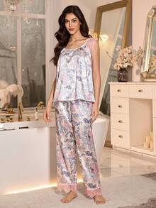 SHEIN 优雅蕾丝边饰花卉印花仿丝绸女士睡衣套装 - 杏色 - 查看 6