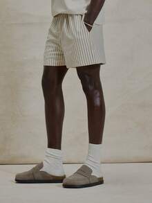 Musero Quần short kiểu boxer cài cúc phía trước, kẻ sọc, cạp chun, thích hợp cho mùa xuân hè, phong cách đi biển. - Nhiều màu - Xem 3