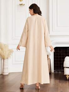 Yasmyna Al-Adha Women's Champagne Beige Embroidered Modest Maxi Dress,Long Sleeve Kaftan Style A-Line Dress With Sheer Polka Dot Mesh Yoke & Side Slit - Khaki - View 5