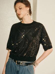 Arave 女士优雅亮片拼接圆领套头T恤，适合约会穿着 - 黑色 - 查看 4