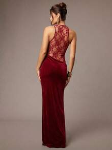 Silquee 纯色蕾丝拼接透视无袖性感迷你连衣裙，秋冬款 - 酒紅色 - 查看 2