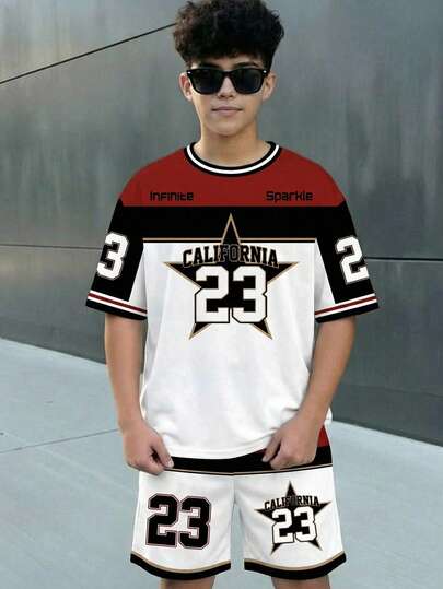 Set de 2 piezas de camiseta de manga corta y pantalones cortos deportivos con bloqueo de color y número 23 para adolescentes, estilo casual y clásico, para el verano