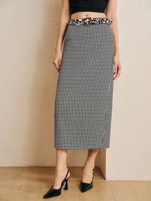 Arave 女士高腰修身铅笔裙，侧开衩设计，适合日常通勤 - 黑與白 - 查看 1