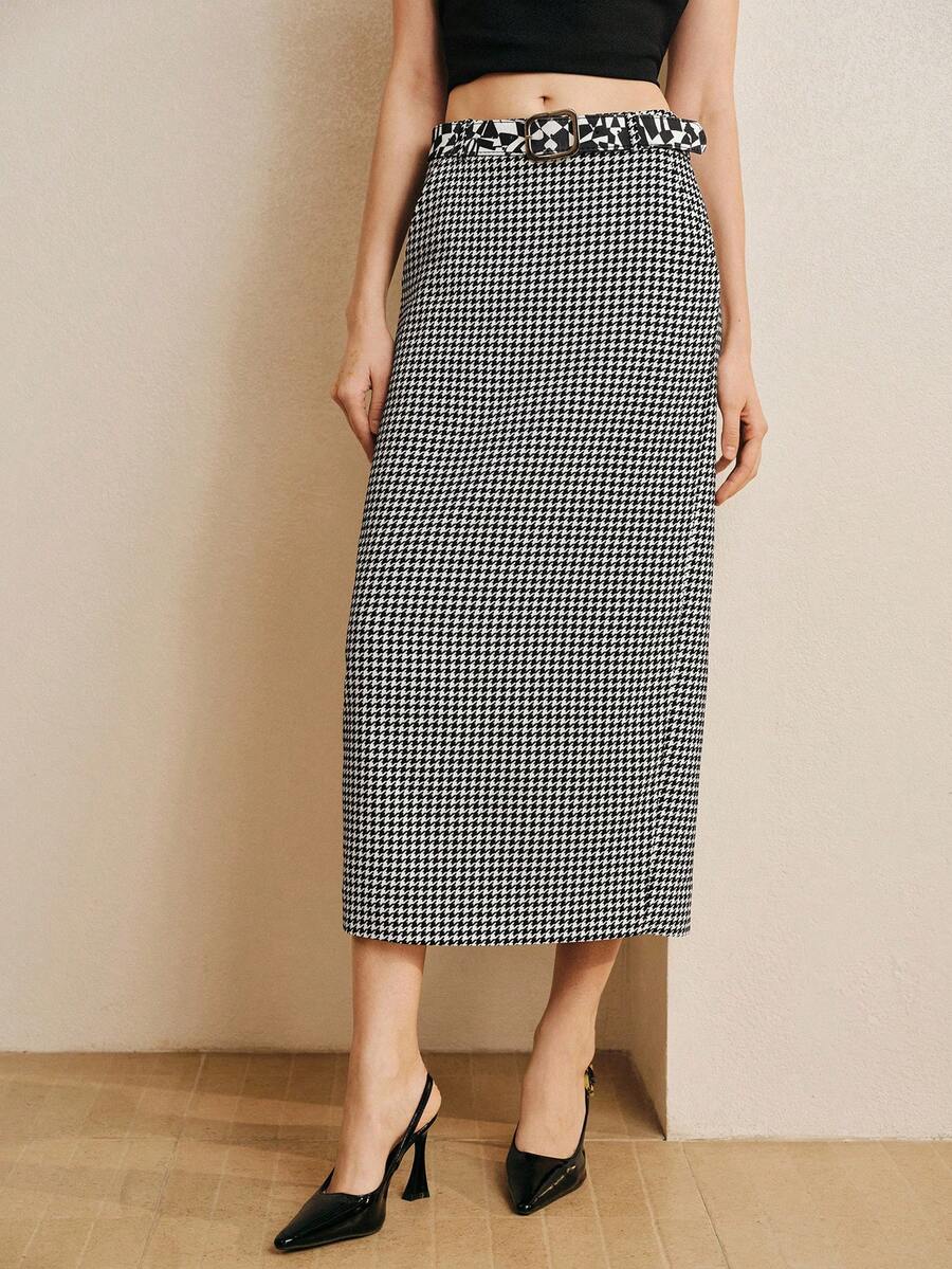 Arave 女士高腰修身铅笔裙，侧开衩设计，适合日常通勤 - 黑與白 - 查看 1