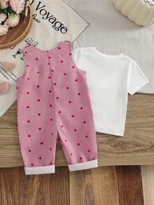 SHEIN Baby Girls Casual Comfortable T-Shirt Top And Cute Bear Heart Print Bib Pants Set, Spring/Summer - Pink - View 2