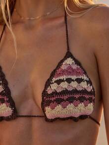 Aralina Coachella Music Festival Vacay 3 Piece Set Bikini Summer Spring Swim Vacation Beach Triangle Tie Side Halter Bead Sexy Three Piece Set Crochet Bag - Multicolor - View 5