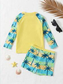 SHEIN Bộ đồ bơi 2 món cho bé trai, gồm áo tay raglan phối màu tương phản và quần đùi cạp chun, chất liệu co giãn mềm mại, thích hợp cho bơi lội và vui chơi dưới nước mùa hè. - Nhiều màu - Xem 3
