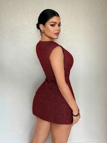 SHEIN SXY بدلة نسائية كاجوال للعمل مكونة من سترة وتنورة بطبعة هندسية، مناسبة للمكتب باللونين الأحمر والأسود، فستان أزرار بطراز فرنسي، فستان تويد للنساء، فساتين عمل للنساء، بلوزات عمل أنيقة للنساء، طقم أنيق للنساء للعمل - الأحمر - مشاهدة 2