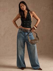 SHEIN BAE Áo tank top nữ thời trang thường ngày, cổ yếm, hở lưng, đính đinh tán. - màu đen - Xem 7