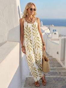 EMERY ROSE 女士植物印花圆领无袖休闲宽松连体裤 - 黃色 - 查看 4