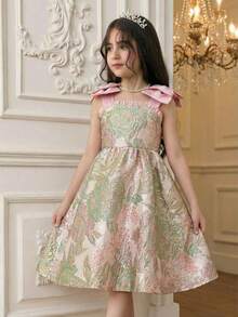 SHEIN 少女串珠肩部蝴蝶结露背蝴蝶提花无袖连衣裙 - 粉色 - 查看 1