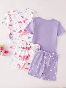 Conjunto de pijama de 4 piezas para niñas pequeñas con estampado de unicornio y estrella arcoíris, incluye top de manga corta y pantalones cortos, suave y cómodo - Multicolor - Ver 2