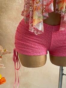 Soleia 两件套女士度假露背系带紧身上衣和低腰褶皱抽绳短裤，性感时尚套装，适合派对、约会、下午茶、嘉年华、海滩等场合。 - 粉色 - 查看 5