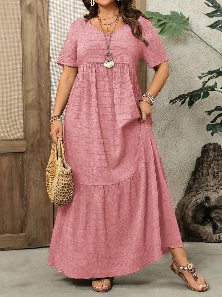Plus Size Women's Summer Casual Vacation Solid Color Pink Short Sleeve Long Dress, Casual Resort Wear For Early Spring Long Summer Dress Plus Short Sleeve Long Dress,Spring Break Outfits ,Vacation Outfits Women ,Holiday Outfits For Women,Going Out Outfits,2026 New Clothes,Simple And Fashionable For Everyday Wear,Summer Dress,Dress Modest,Sun Dresses For Women,Sundress,Flowy Dress,Holiday Outfits Boho