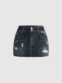 ROMWE Grunge Punk Y2K性感朋克骷髅铆钉做旧牛仔迷你裙（女款） - 藍色 - 查看 1