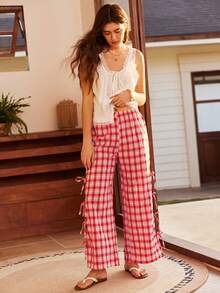 Bohemian Boho Style Side Tie Loose Straight Floral Plaid Cotton Women Pajama Bottoms - Red - View 5