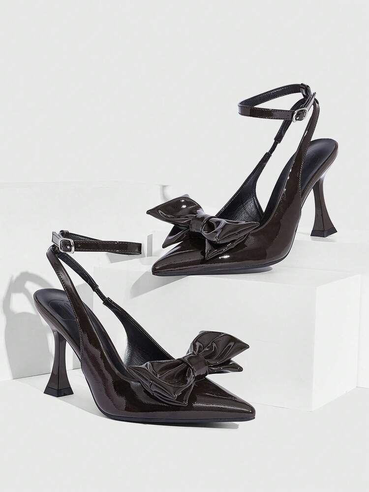 CUCCOO SZL Women's High Heels Pointed Toe Cross Strap Buckle Strap Adjustable 9CM Burgundy Women's High Heels Shoes Elegant Stiletto Shoes Mirror PU Material Cute Big Bow Coffee Brown High Heels Fashion Versatile Suitable For Daily/Party/Commute/Valentine's Day Dating/Christmas/Formal Women's Shoes