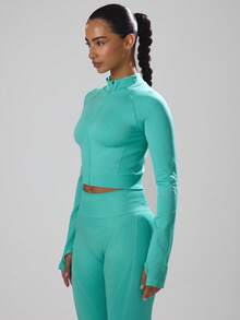 Musera Sport Stitched Seam Detail Cropped Long Sleeve Full Zip Top Jacket , Padel, Tennis, Pickleball Gym Fitness Winter - Mint Green - View 4