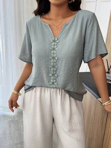 Weeklong Plus Size Women's Floral Patchwork Ruffle Trim Loose Short Sleeve Blouse, Spring/Summer - Green - View 4